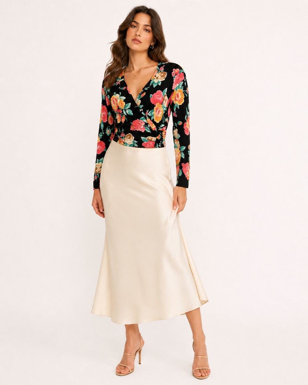 Vintage Carole Little Floral Faux Wrap Blouse | Black Rayon Rose Print Top